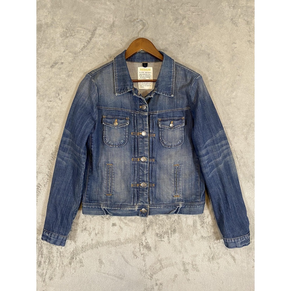 J.Crew Denim Jacket Womens Sz M‎ Blue Trucker Pin Tuck Stretch Country Casual